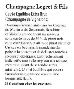 Article de Presse : Cuvée Equilibre, Champagne Legret & Fils